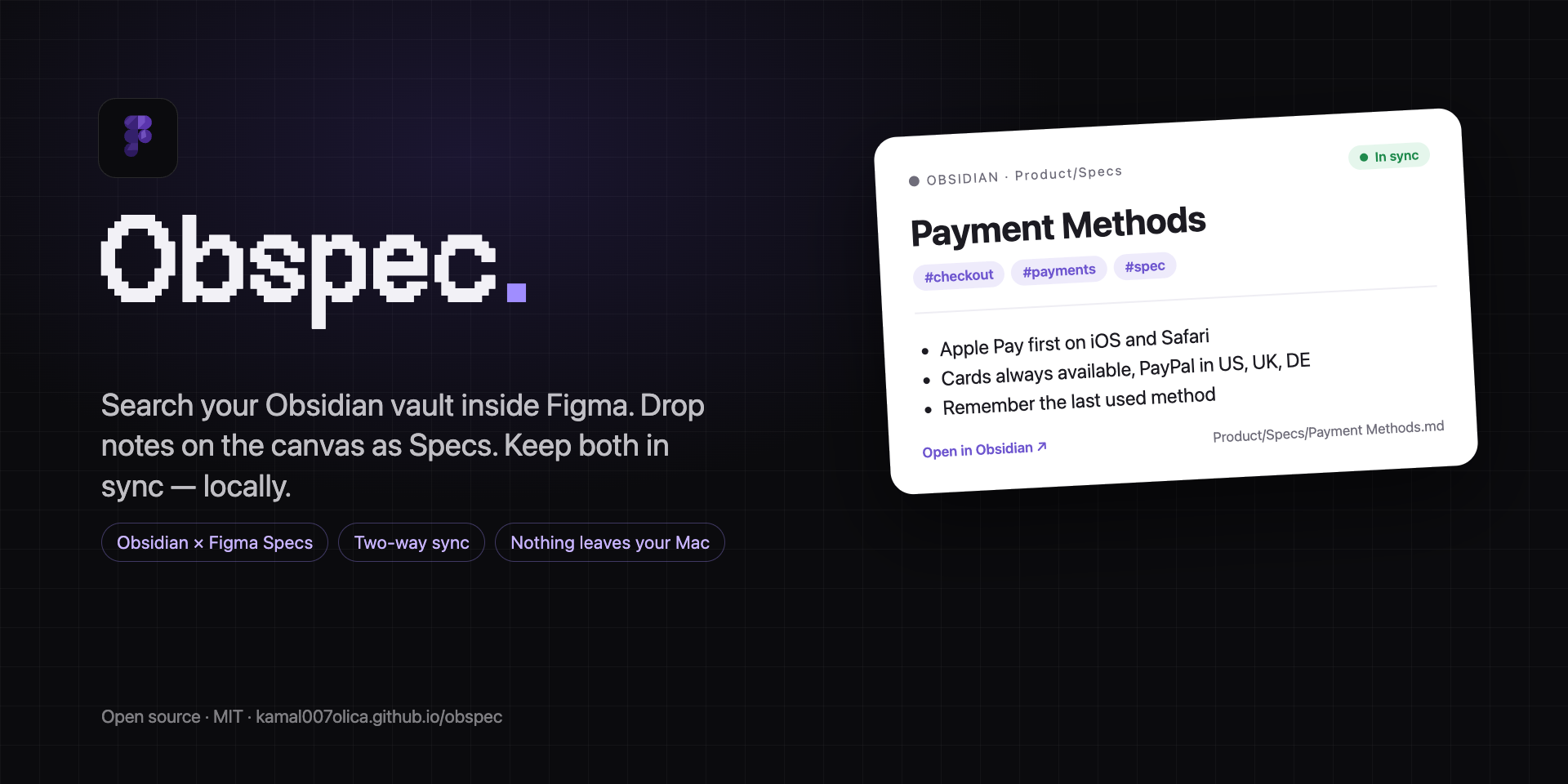 The Obspec listing cover: the wordmark, Search your Obsidian vault inside Figma, and a Payment Methods spec card
