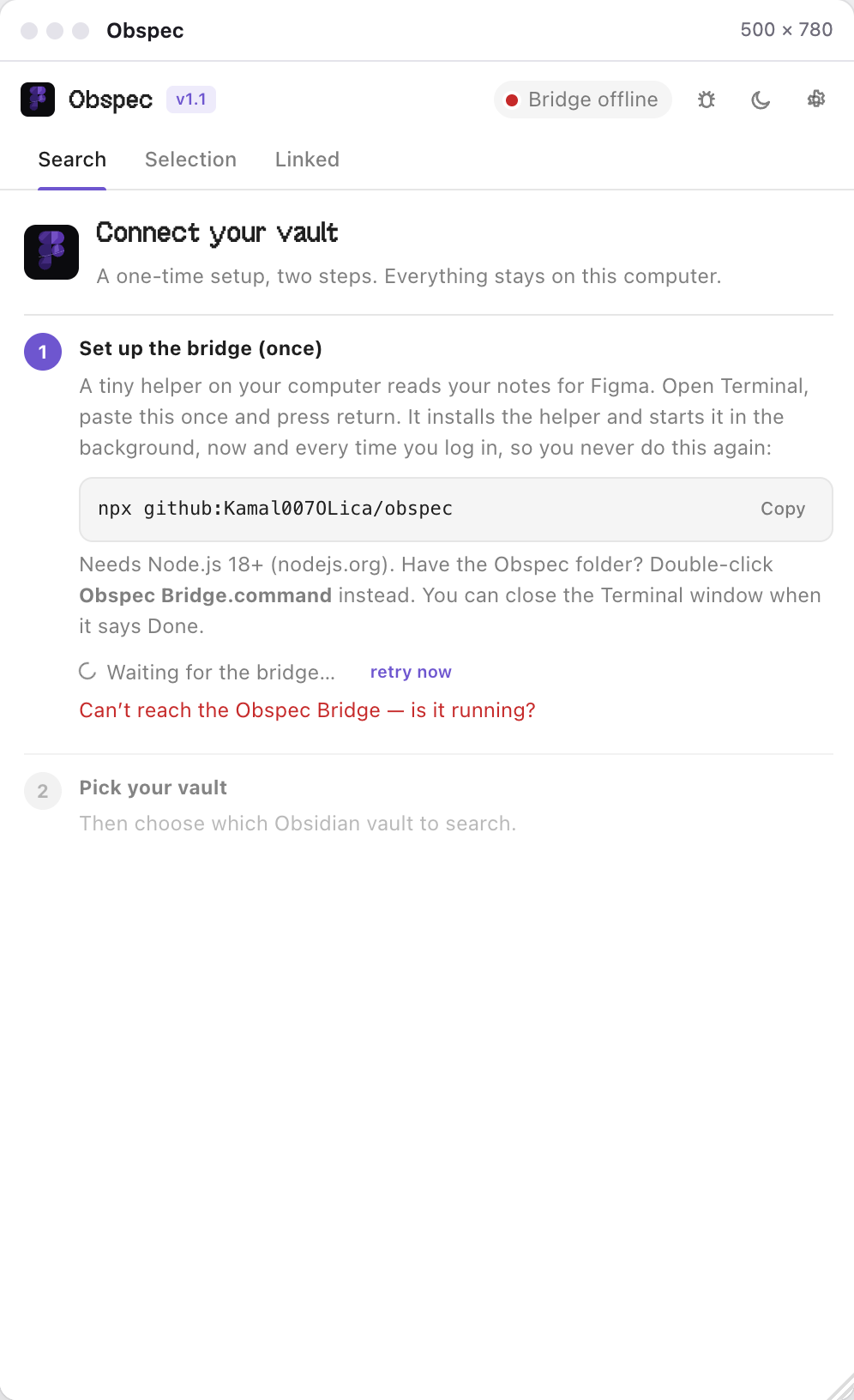 The Obspec plugin's first-run screen: Connect your vault, step 1 Set up the bridge (once) with the setup command and a Copy button, Waiting for the bridge, step 2 Pick your vault