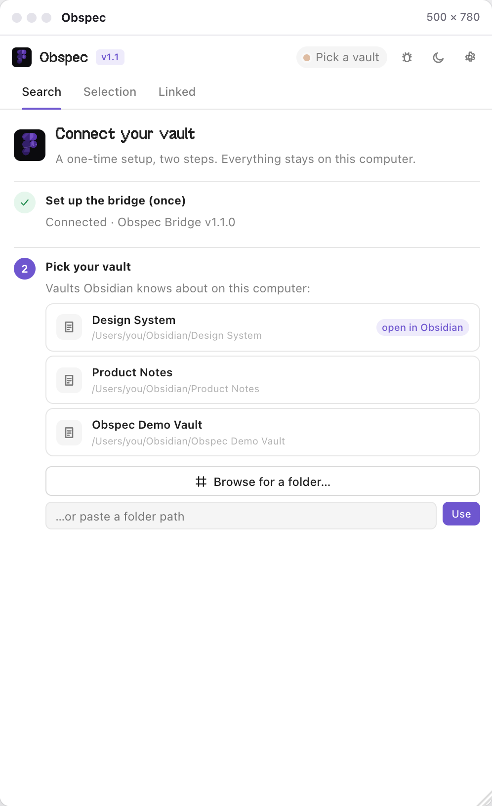 Step 1 is ticked: Connected, Obspec Bridge v1.1.0. Step 2 lists the vaults Obsidian knows about with a Browse for a folder button and a path field