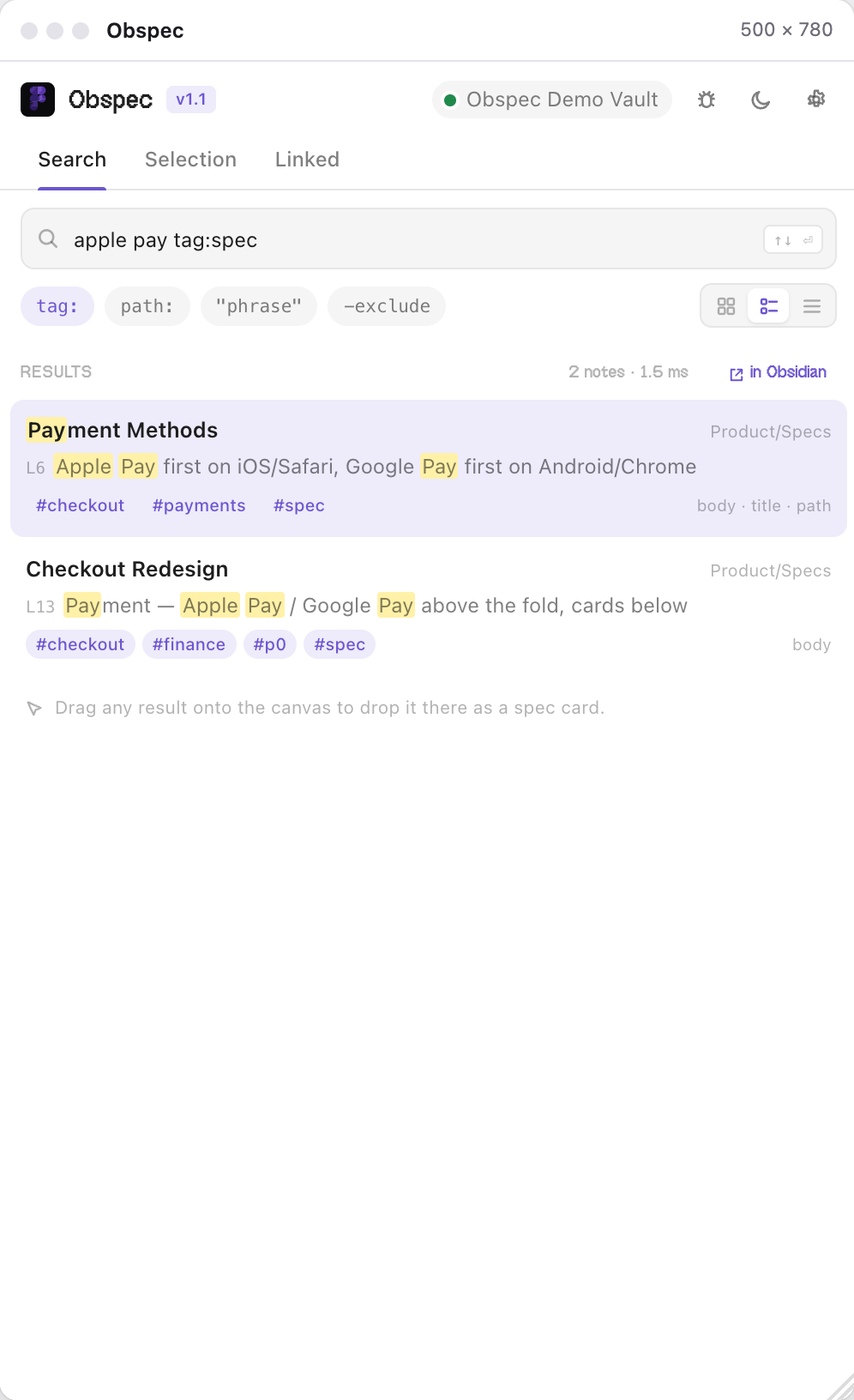 The Search tab with the vault chip Obspec Demo Vault in the header and results for apple pay tag:spec, each with a highlighted snippet, path and tags