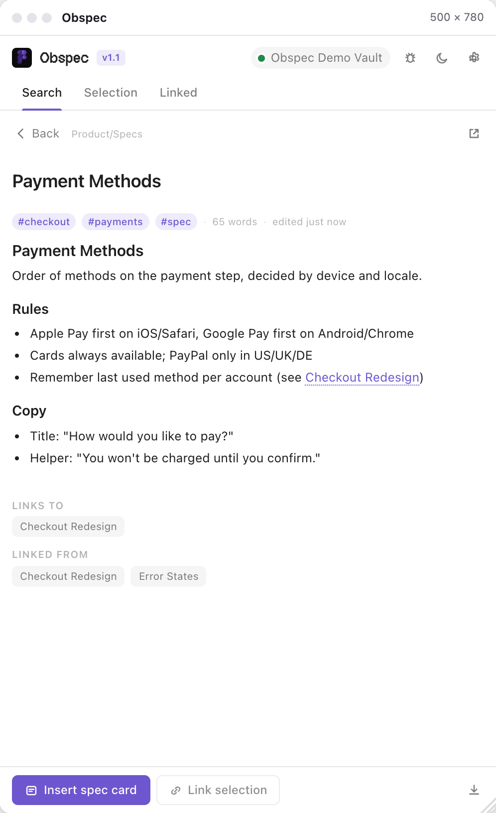 A note opened inside the plugin: breadcrumb, title Payment Methods, tags, rendered markdown with rules and copy, and the action bar with Insert spec card and Link selection