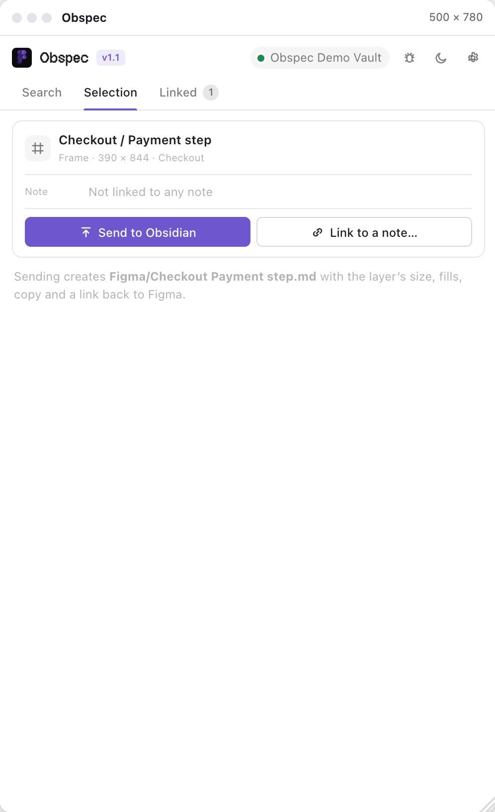Selection tab showing the frame Checkout / Payment step with the buttons Link to a note… and Send to Obsidian