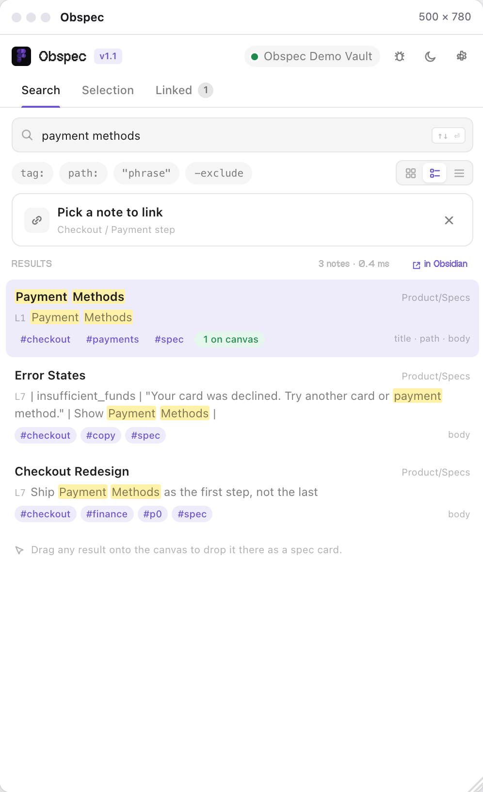 The note picker inside the Selection tab, searching payment methods