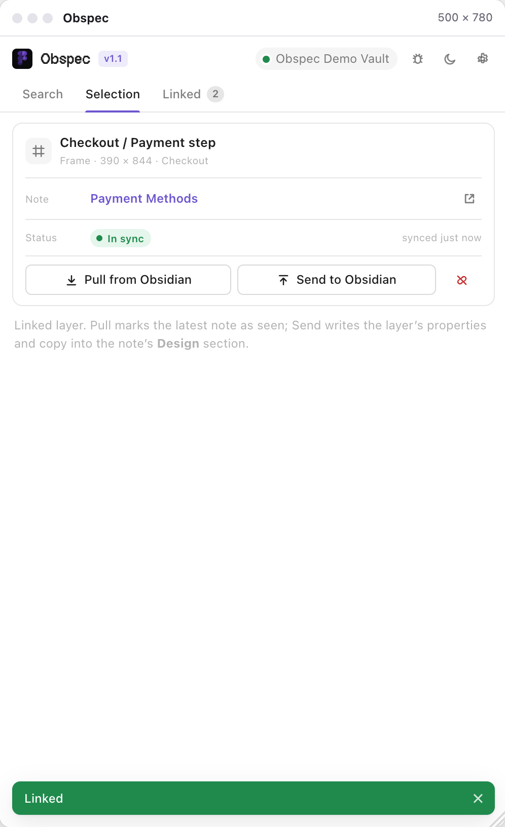 Selection tab after linking: Note Payment Methods, Status In sync, Pull from Obsidian and Send to Obsidian buttons