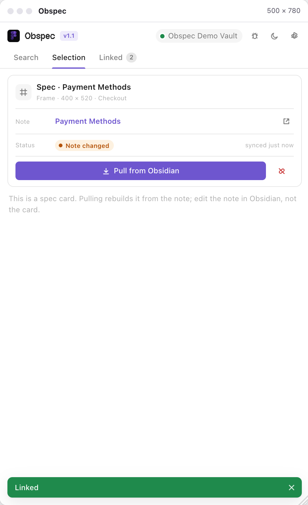 Selection tab: Status Note changed in orange, with a purple Pull from Obsidian button