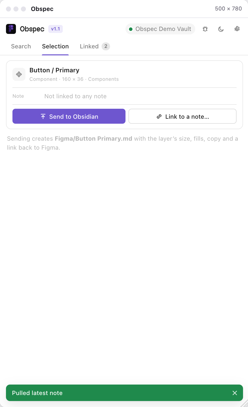 Selection tab showing the component Button / Primary with Link to a note… and Send to Obsidian