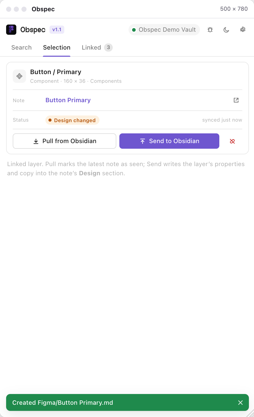 Selection tab with Status Design changed and a highlighted Send to Obsidian button