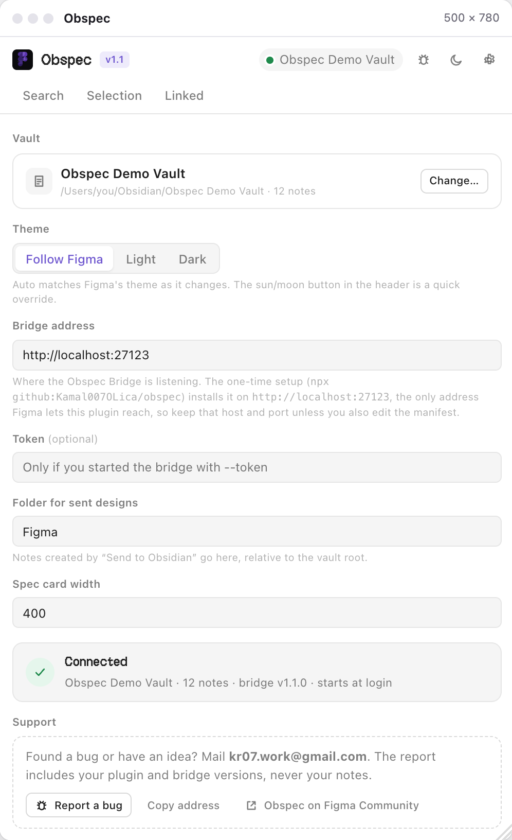 The Settings tab: connection card Connected, vault chooser, bridge address and token fields, theme and support