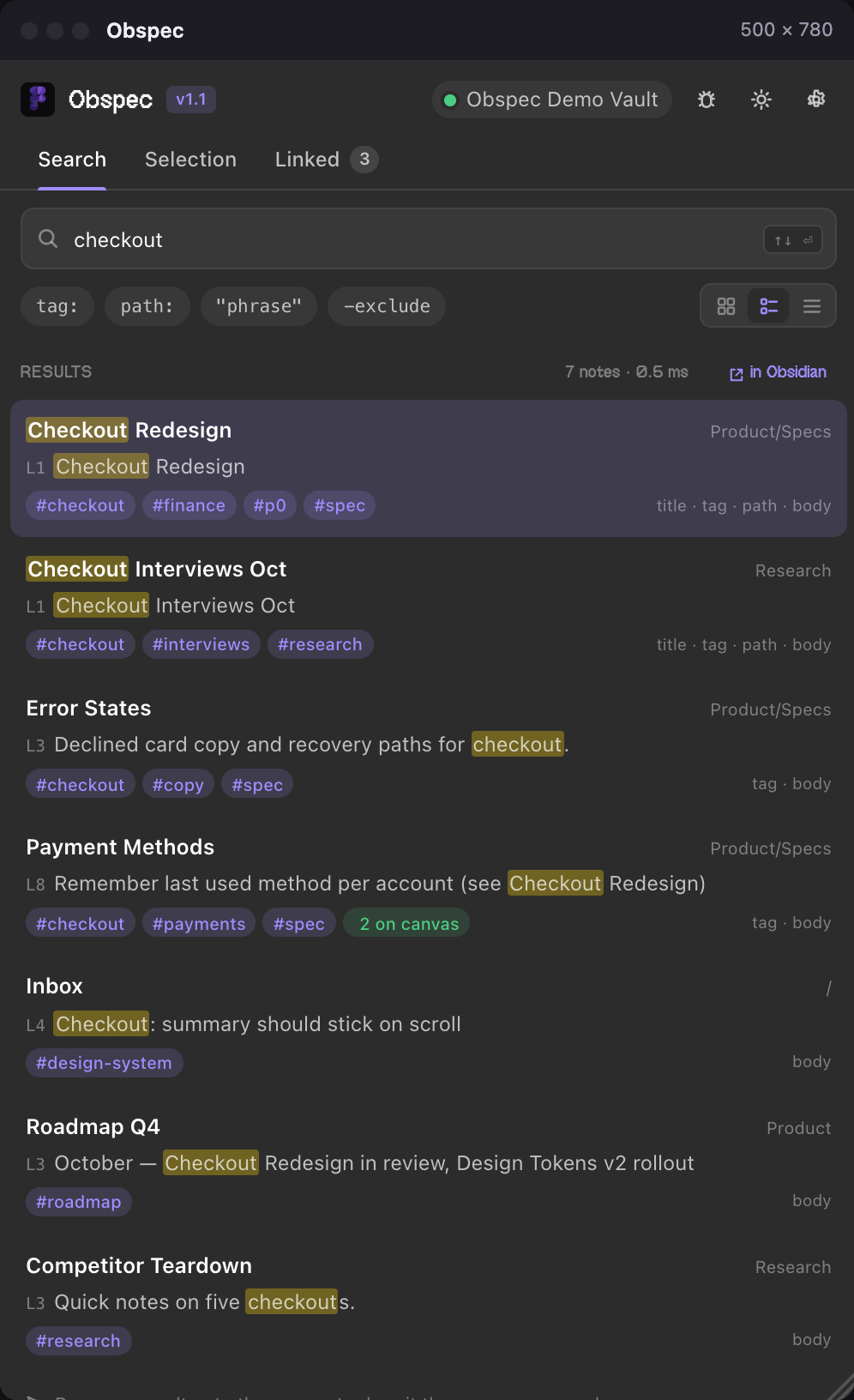 The same Search tab in the dark theme, results for checkout