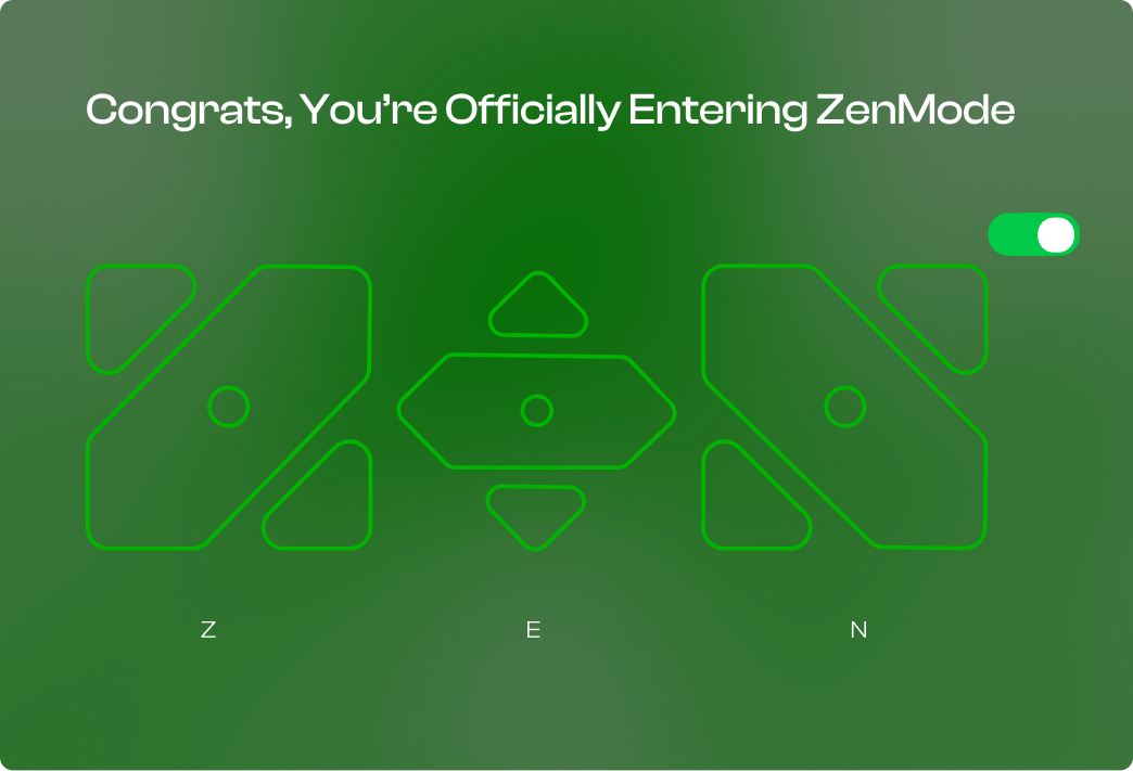 ZEN wordmark built from three cut-square glyphs, on a green field